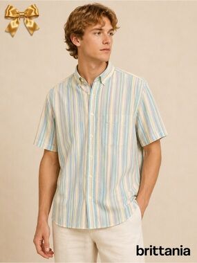 BRITTANIA Short Sleeve Lightweight Vertically Striped Cotton Poly Blend S